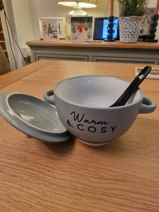 Small Blue Soup Bowl by "Warm & Cosy" , Lid and spoon. Width: 14.5cm