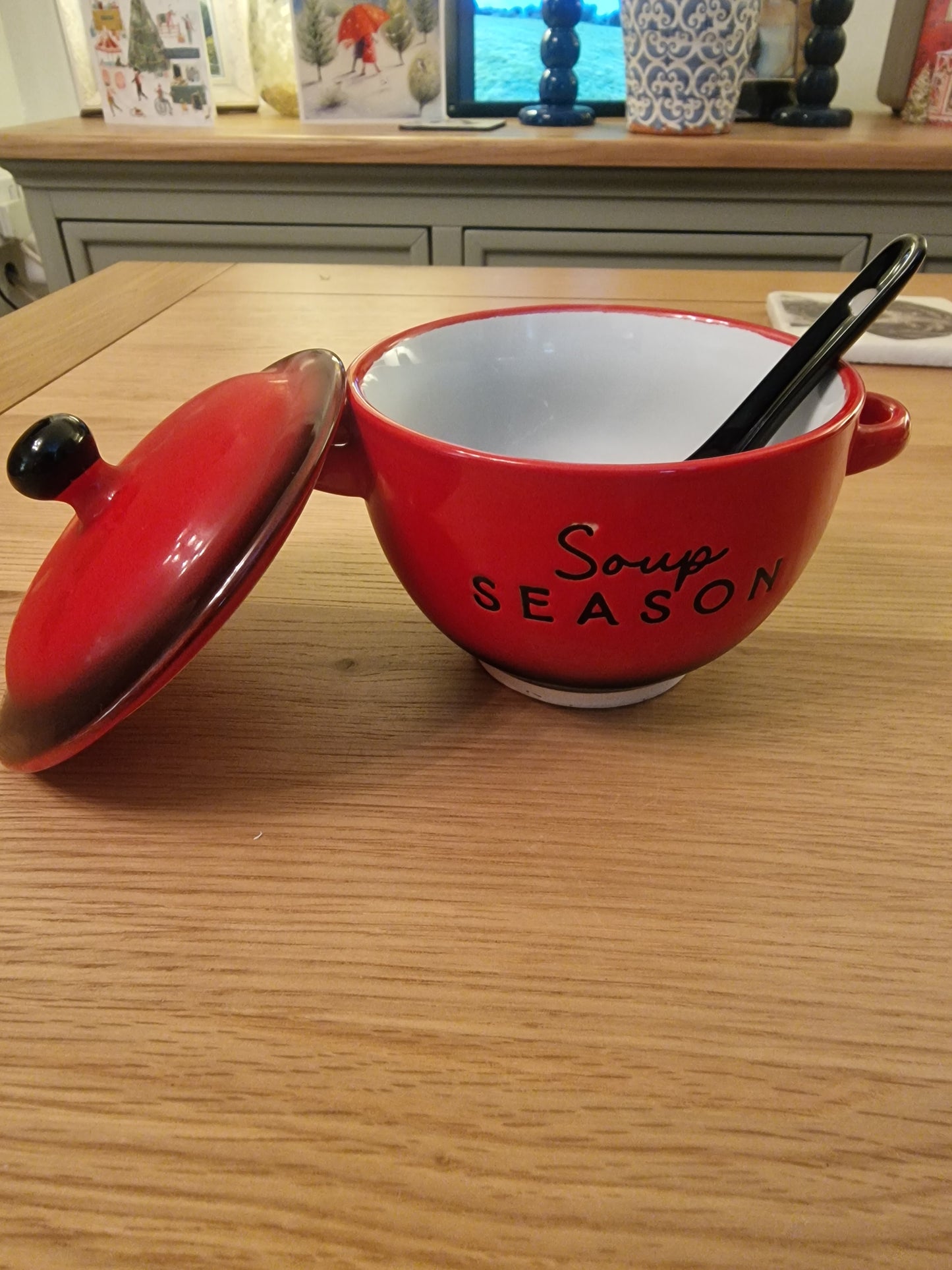 Red Stoneware Soup Bowl with Lid and Spoon