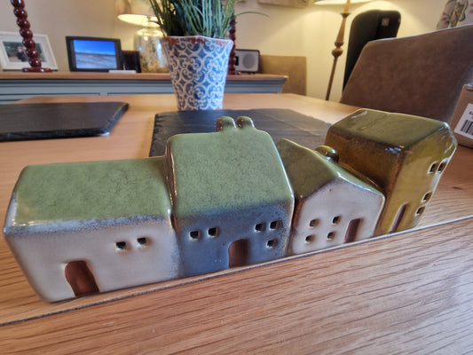 Row of Four LED Light-up Ceramic Cottages- Quirky and collectable H7cm