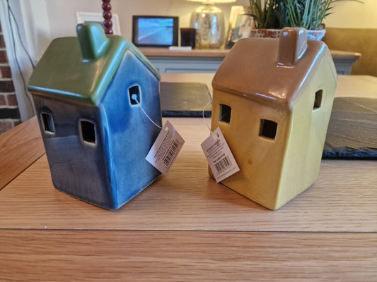 Two, LED Cottages In Blue and Yellow -Quirky and collectable. H13.3 cm