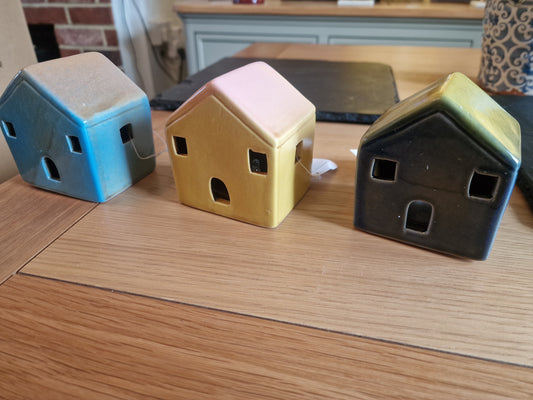 Three LED Light-up Cottage mix in Blue and Yellow- Quirky and collectable, H8.5 cm