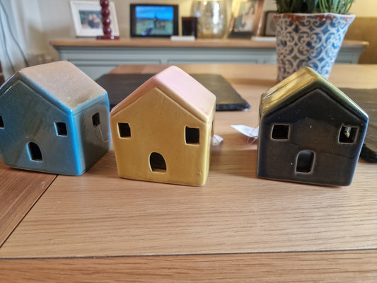 Three LED Light-up Cottage mix in Blue and Yellow- Quirky and collectable, H8.5 cm