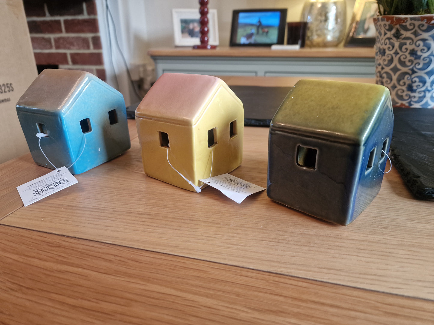 Three LED Light-up Cottage mix in Blue and Yellow- Quirky and collectable, H8.5 cm