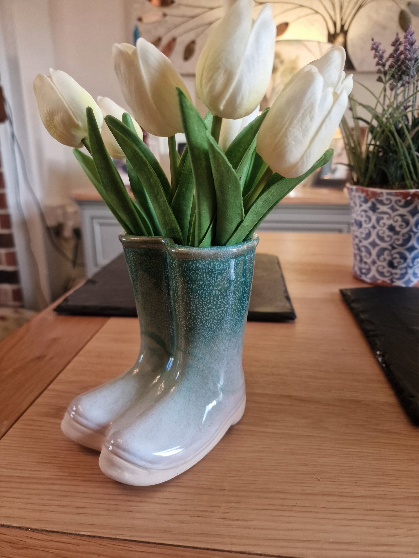 Ceramic Green and White Wellies- A classic ornament H13cm