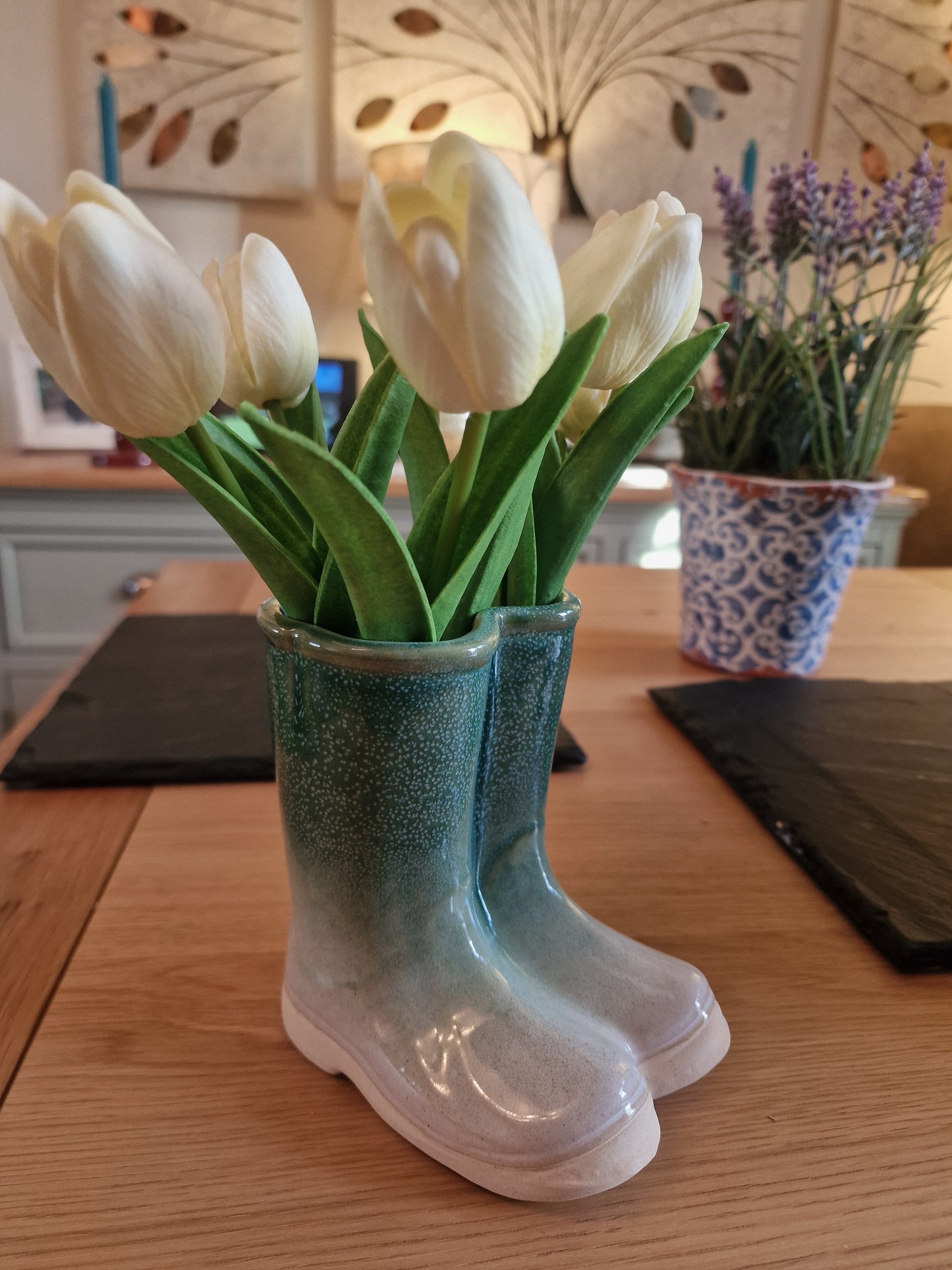 Ceramic Green and White Wellies- A classic ornament H13cm