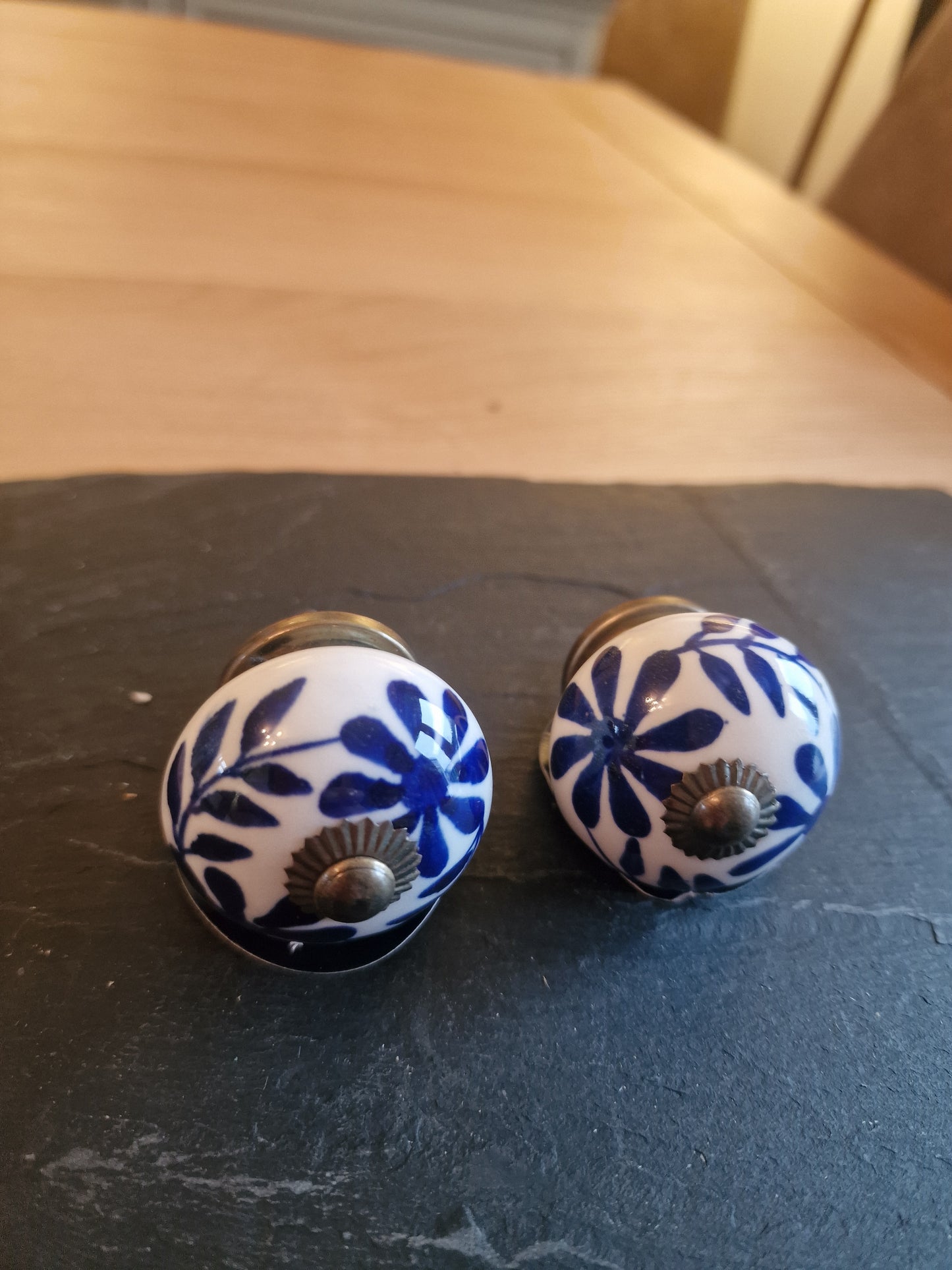 2x Blue Leaf Ceramic Knobs, 4cm x 7cm