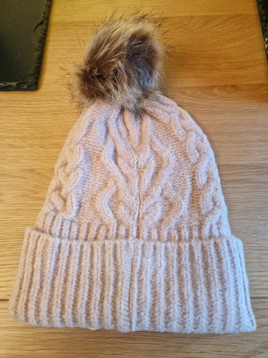 Pink Cable Knit Bobble Hat | Faux Fur Pom Pom Winter Beanie