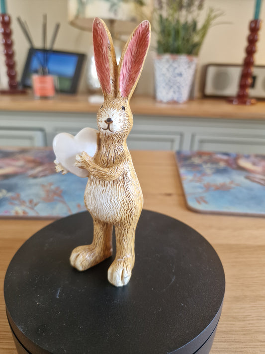 Natural Standing Rabbit Ornament Holding White Heart H14cm