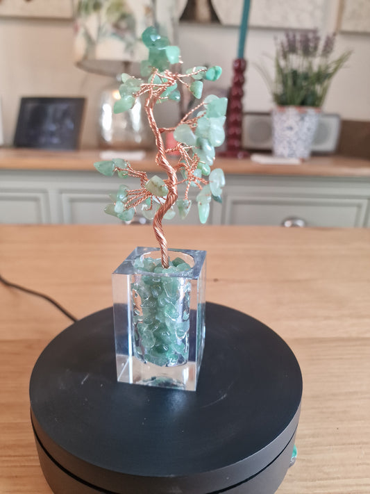 Crystal Mini Tree with Clear Vase H18cm: Green Aventurine