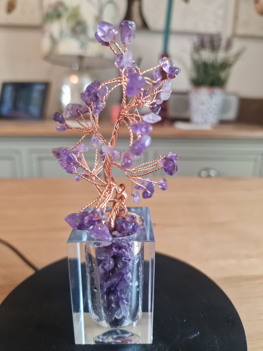Crystal Mini Tree with Clear Vase H18cm: Amethyst