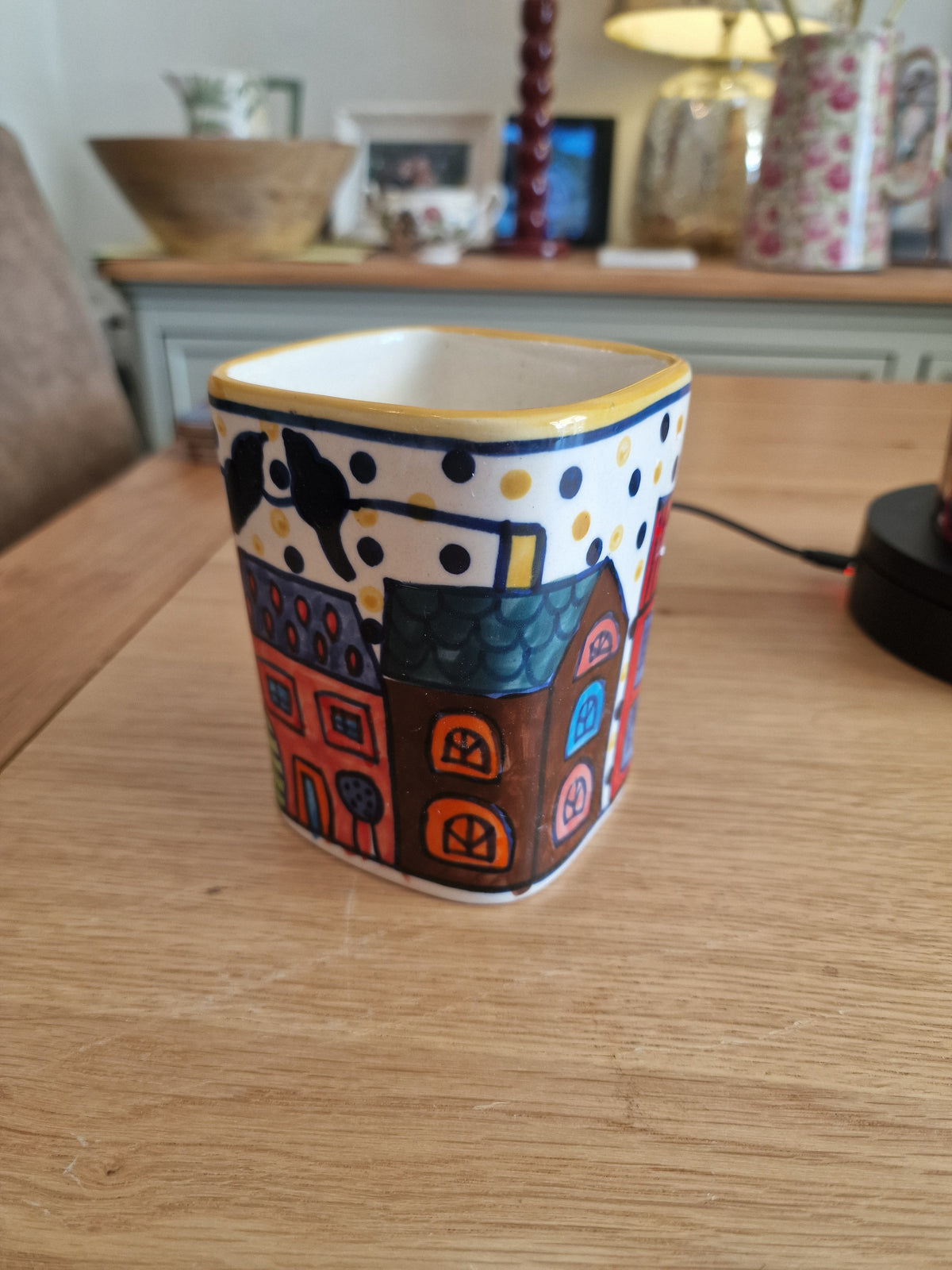 Pair of Colourful Whimsical Village Ceramic Pots H4.5" colourful hand painted village scene with polka dot border