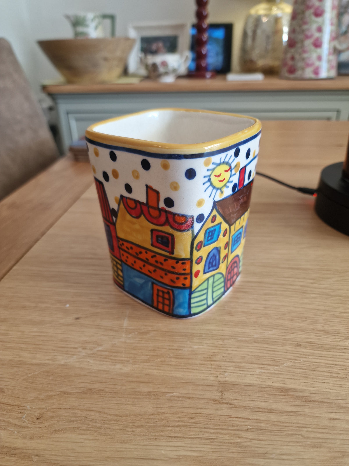 Pair of Colourful Whimsical Village Ceramic Pots H4.5"" hand-painted ceramic home décor with colourful village scenes