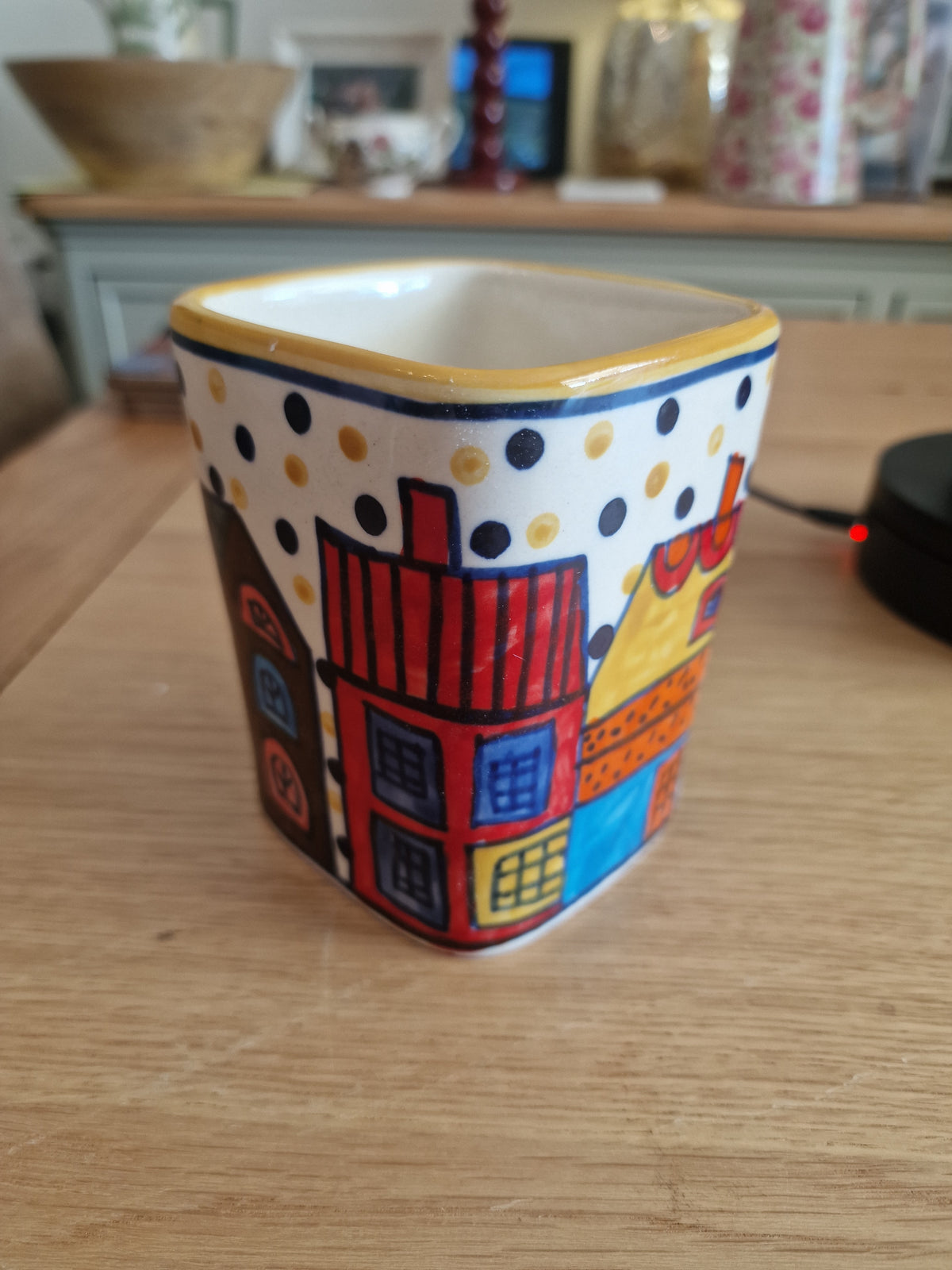 Pair of Colourful Whimsical Village Ceramic Pots H4.5" hand-painted ceramic pots with colourful village scene and polka dots