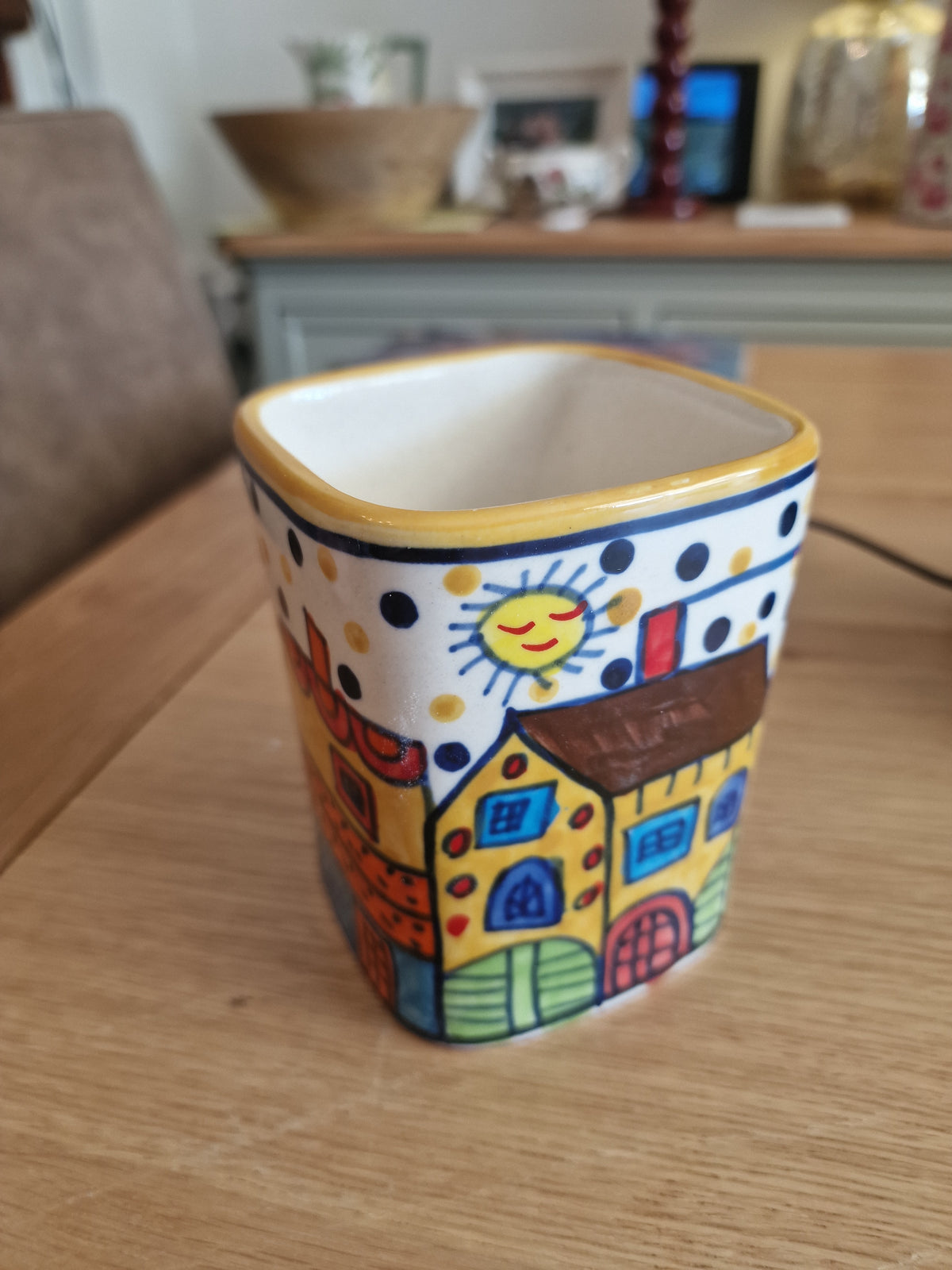 Pair of Colourful Whimsical Village Ceramic Pots H4.5" hand-painted with colourful houses and polka dot border