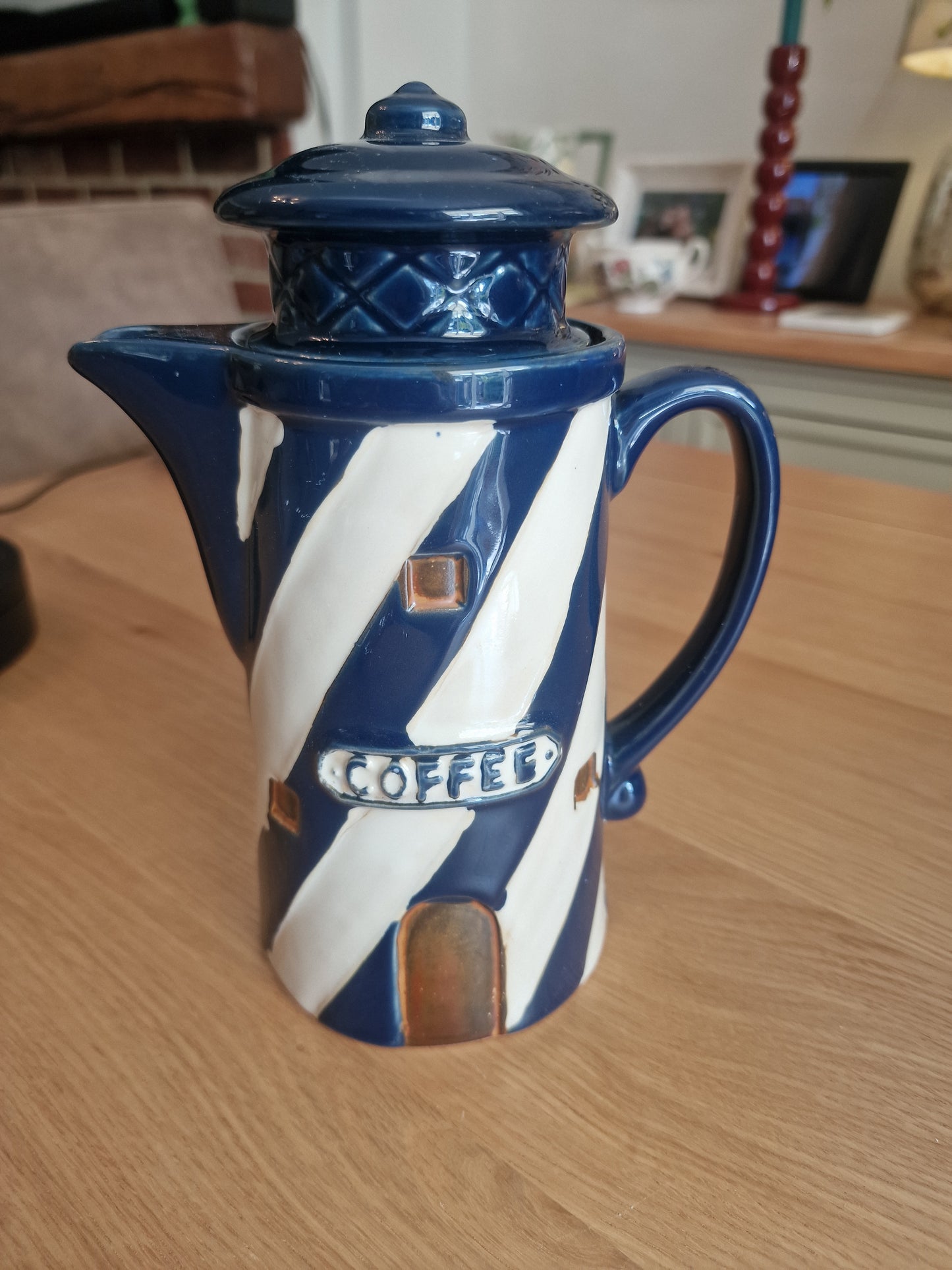 Coastal Novelty Coffee Pot | Navy Blue & White Stripe H9"
