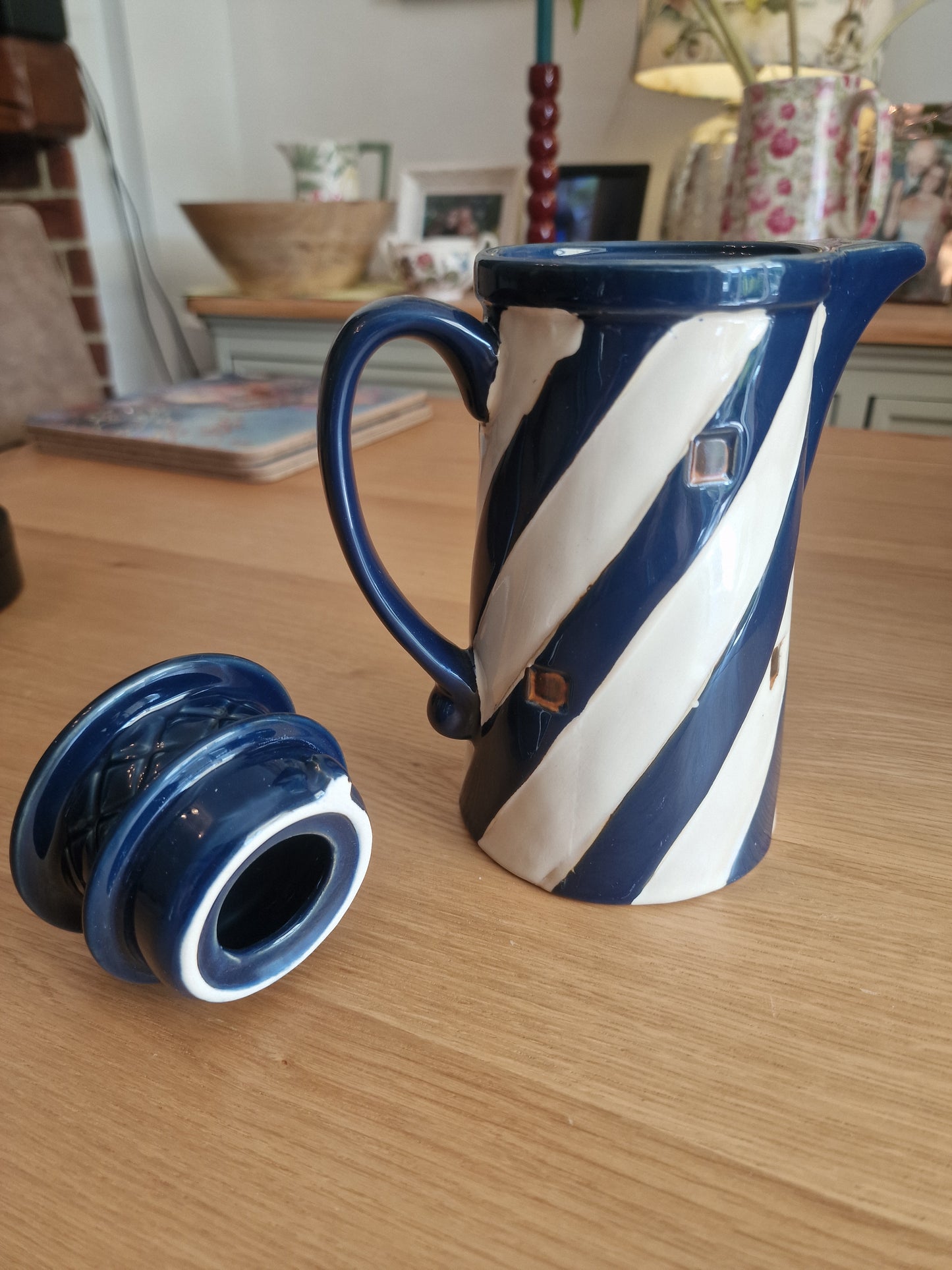 Coastal Novelty Coffee Pot | Navy Blue & White Stripe H9"
