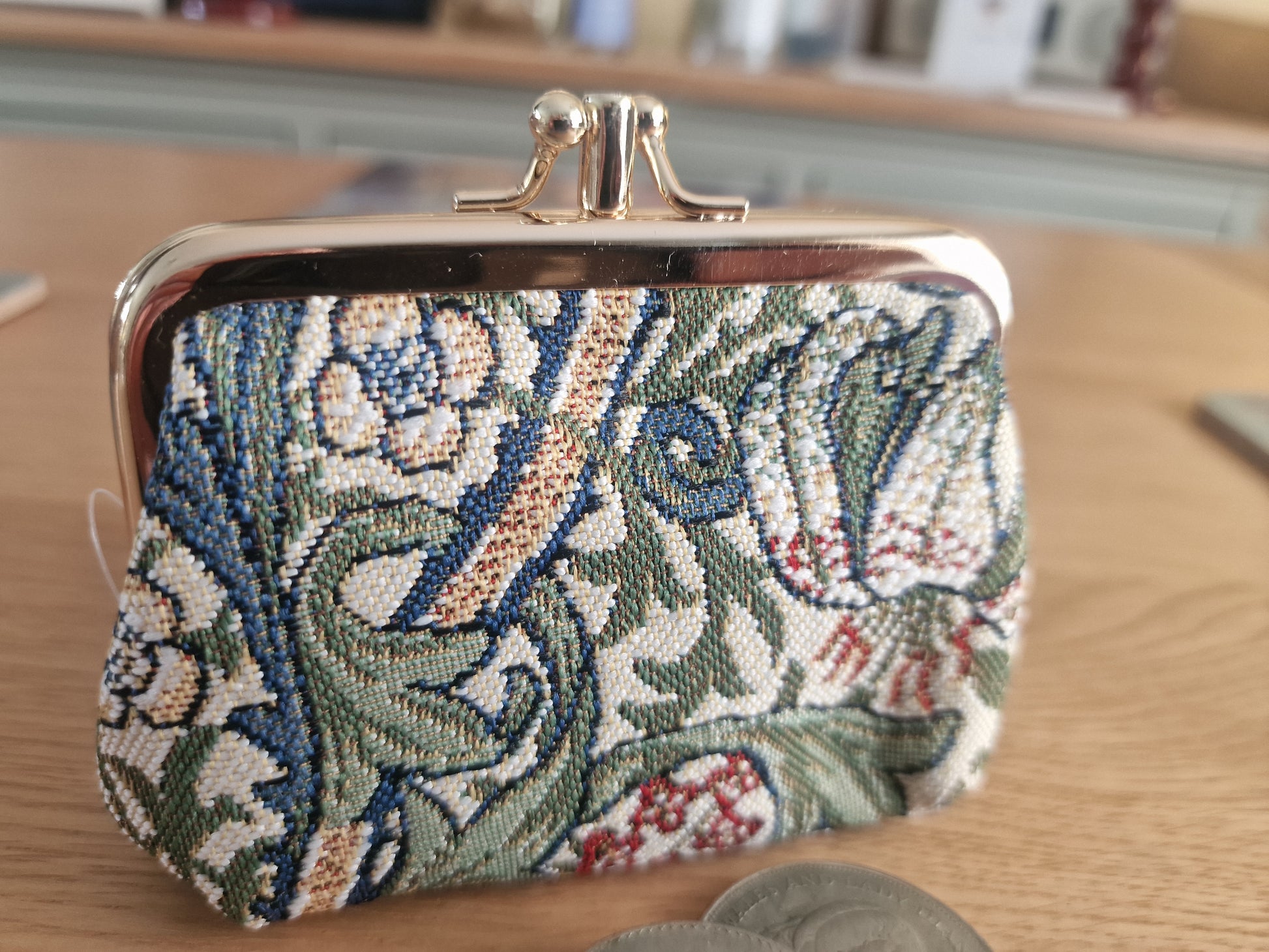 William Morris Golden Lily Design - Frame Purse in blue green and cream floral tapestry fabric with pink accents and a polished silver frame clasp for Fashion and New In