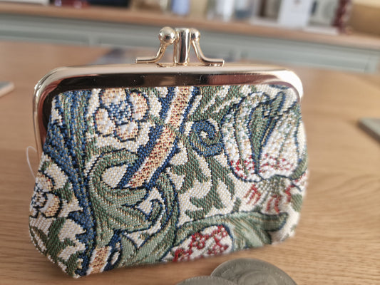 William Morris Golden Lily Design - Frame Purse in blue green and cream floral tapestry fabric with pink accents and a polished silver frame clasp for Fashion and New In