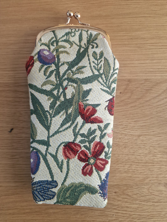 Morning Garden Design - Glasses purse with floral tapestry fabric depicting wildflowers butterflies and a ladybird plus a vintage metal clasp in cream green red and purple tones
