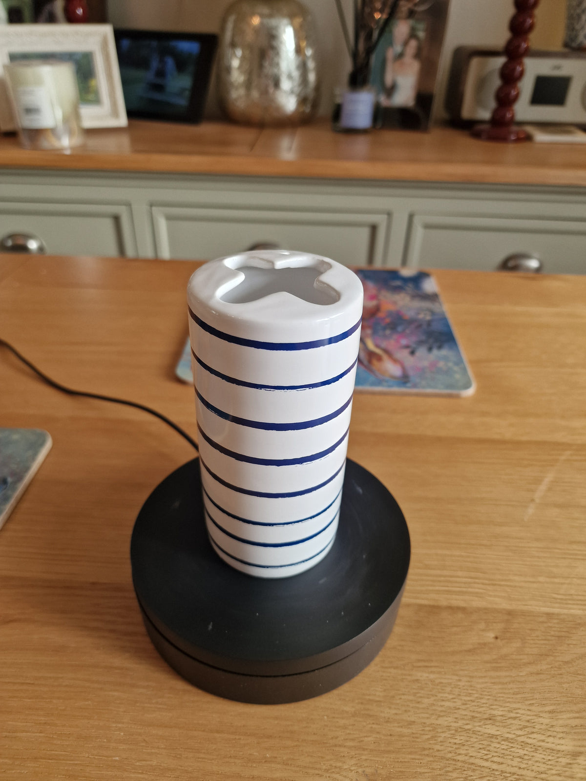 Coastal Stripe Ceramic Toothbrush Holder 12.5cm in white ceramic with blue striped design and multiple openings