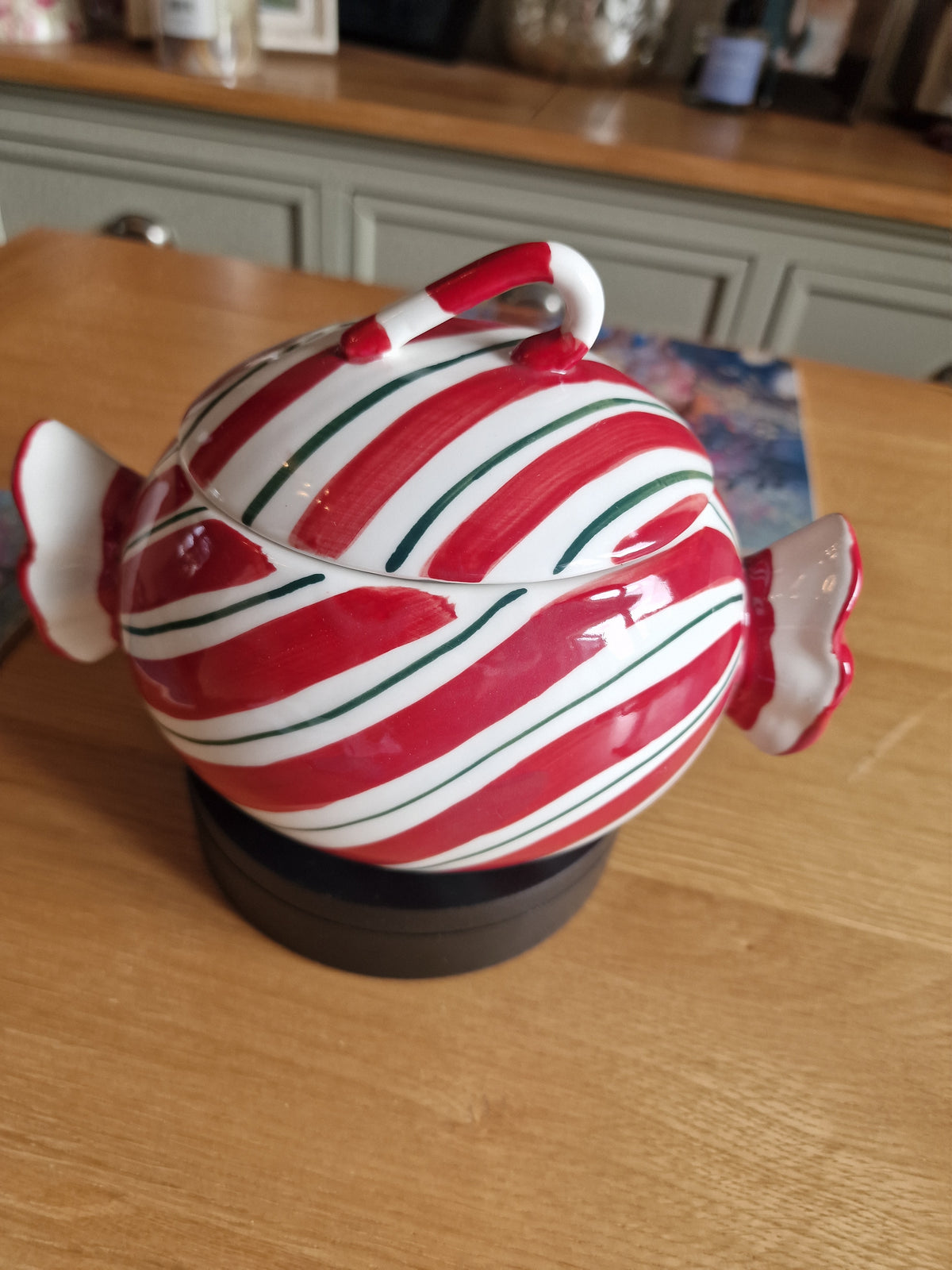 Large Ceramic Cookie & Sweet Jar with Lid 22cm, white ceramic with red stripes, green details and sculpted ends