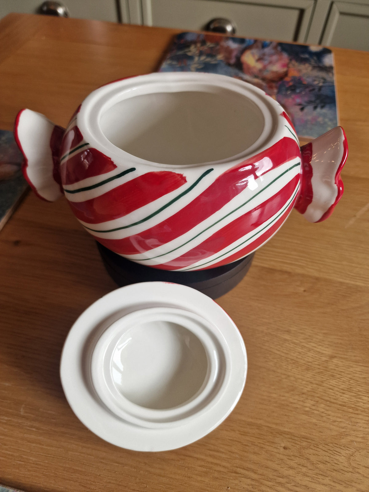Large Ceramic Cookie & Sweet Jar with Lid 22cm white ceramic jar with red and white stripes green detailing and sculpted ends
