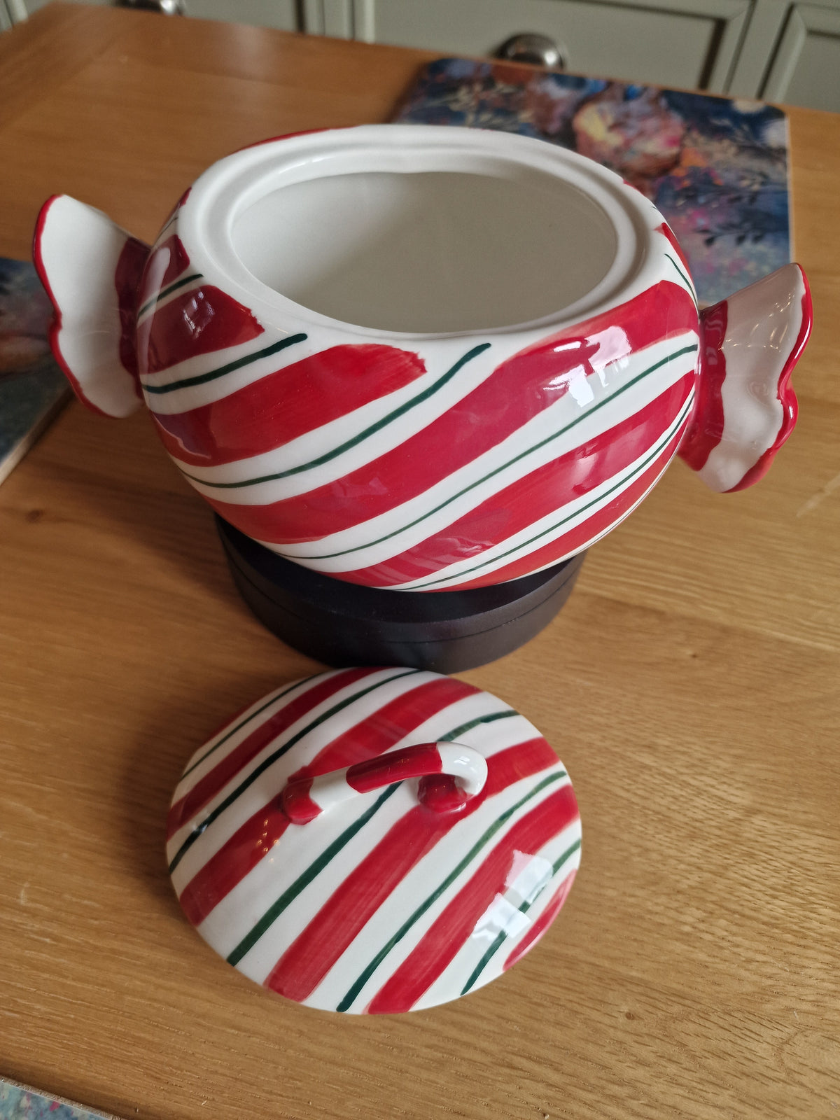 Large Ceramic Cookie & Sweet Jar with Lid 22cm in red and white striped ceramic with green detailing and sculpted ends