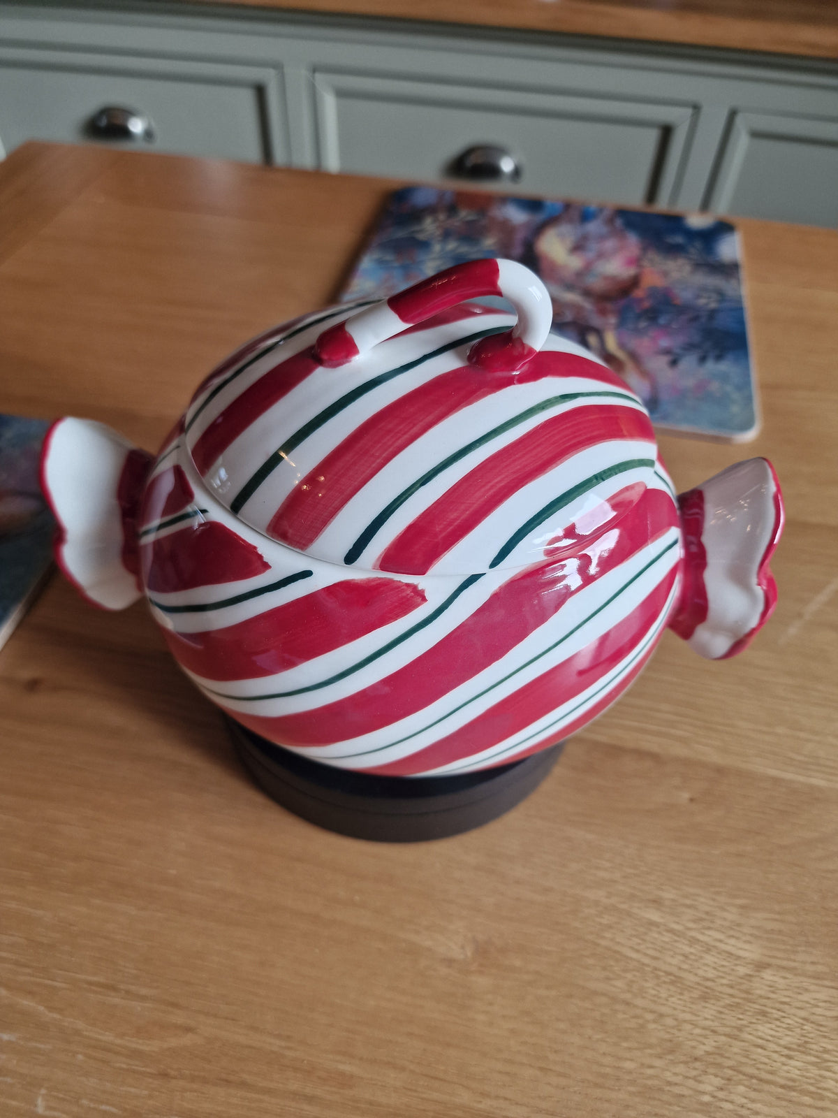 Large Ceramic Cookie & Sweet Jar with Lid 22cm, red and white striped ceramic jar with green detailing and sculpted ends