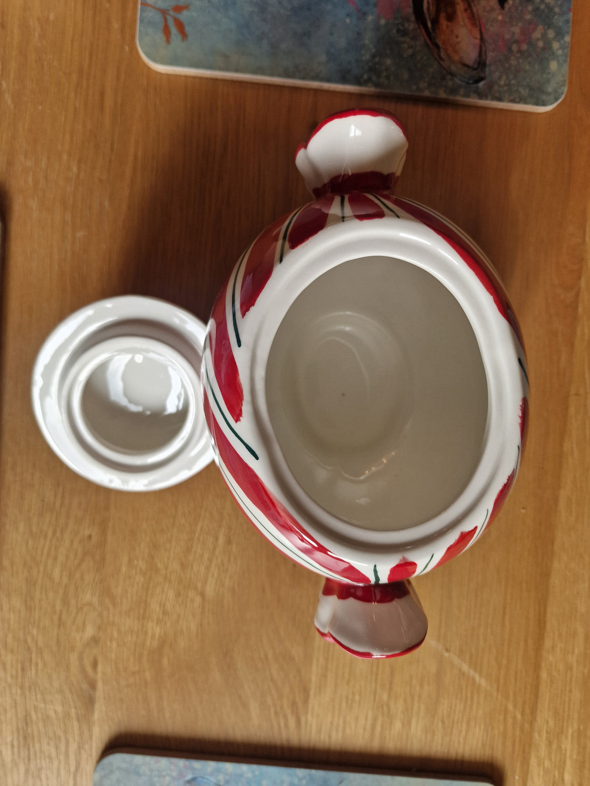 Large Ceramic Cookie & Sweet Jar with Lid 22cm, white ceramic jar with red stripes, green details and sculpted lid
