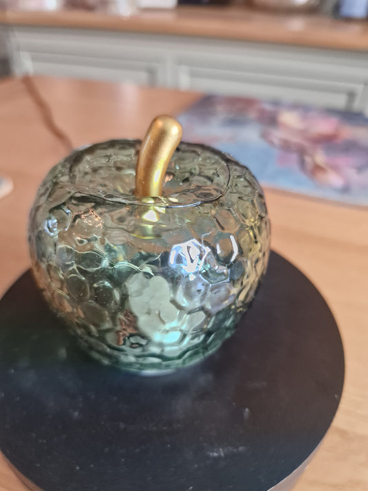 Small Green Glass Apple LED Light with Gold Stem in textured green glass with a gold-effect stem
