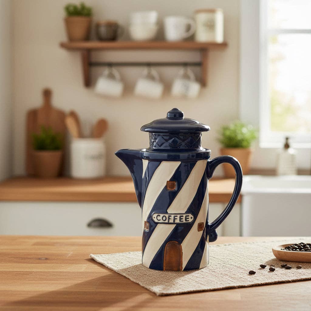 Moby Dick Novelty Coffee Pot | Navy Blue & White Stripe H9"