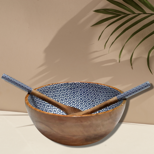 Handmade Serving Bowl with Spoons Stunning Prints Salad Bowl