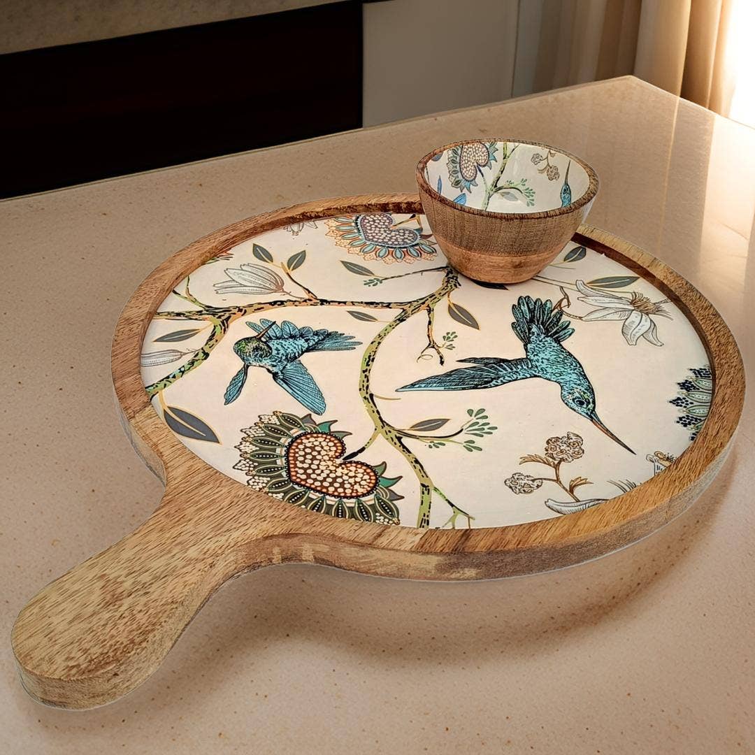 Handmade Charcuterie Board Paddle Tray  with dip bowl - Hummingbird