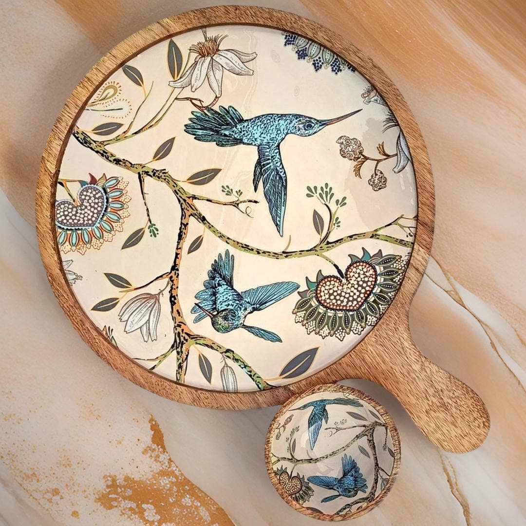 Handmade Charcuterie Board Paddle Tray  with dip bowl - Hummingbird