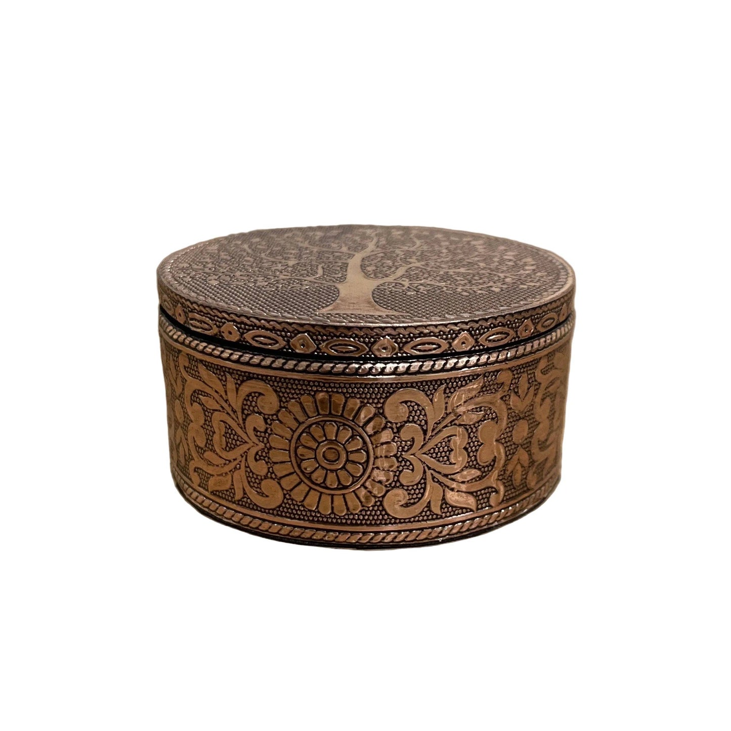 Tree of Life Copper Trinket Box | Embossed Metal Jewellery Box D4"