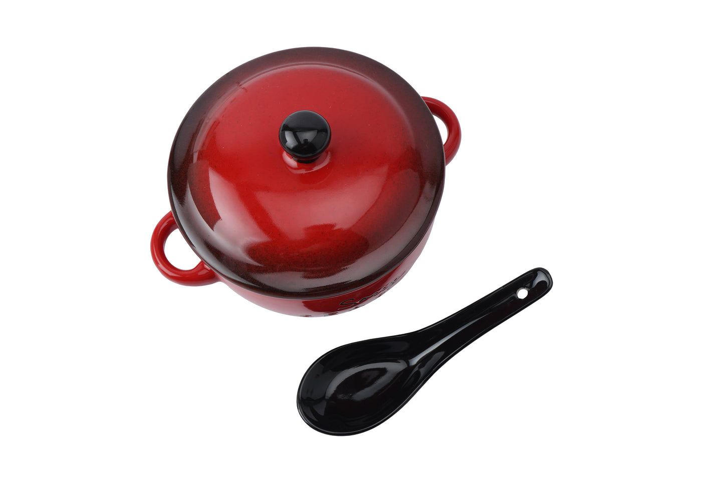 Red Stoneware Soup Bowl with Lid and Spoon