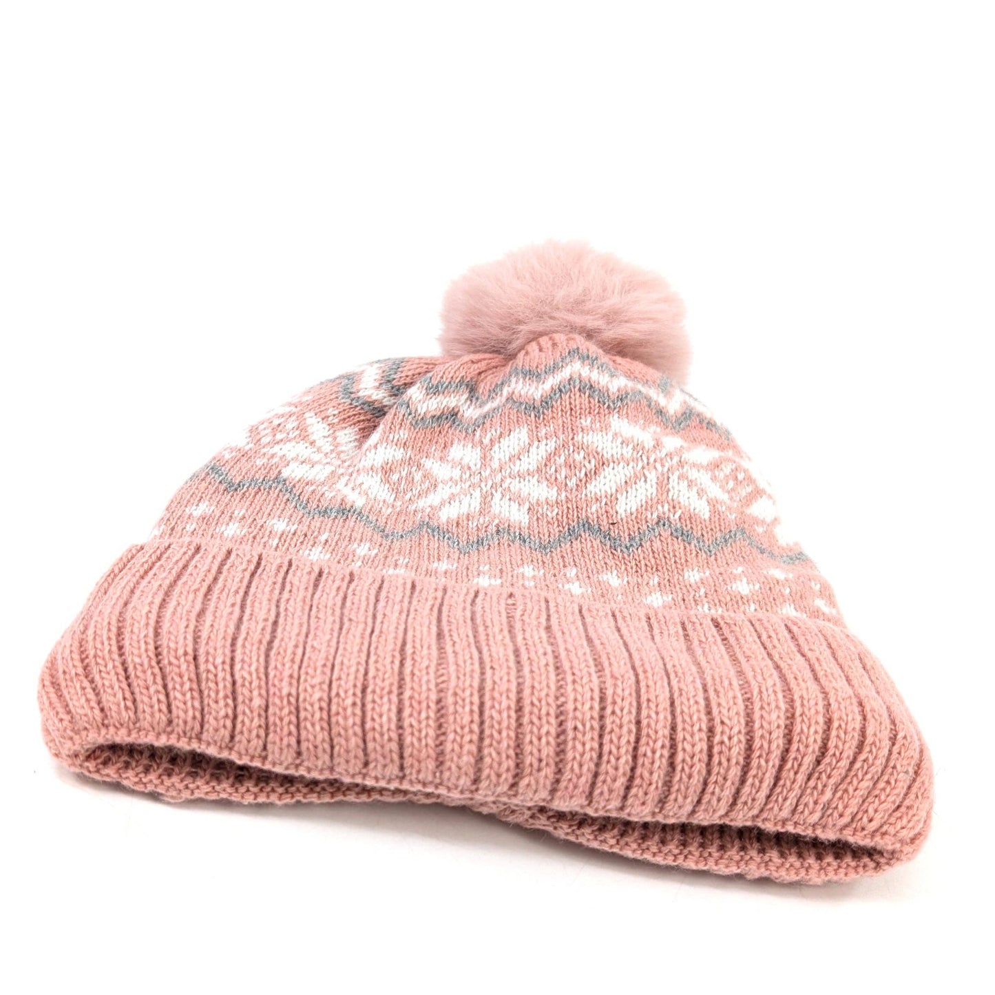 Fluffy Nordic Bobble Hat Pink with Faux Fur Lining