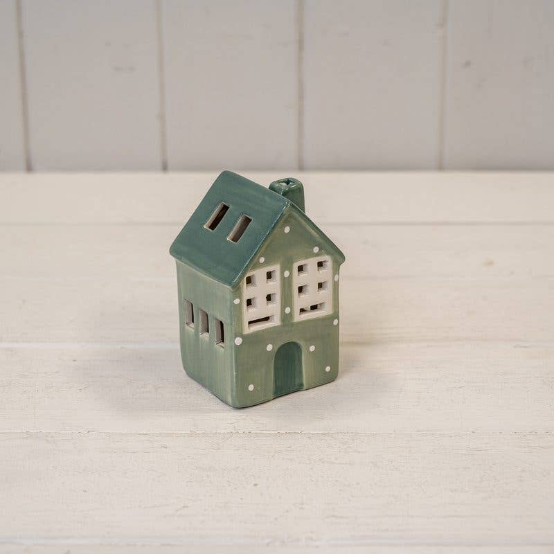 Green Ceramic Led House With Snowball Décor 9.5cm H