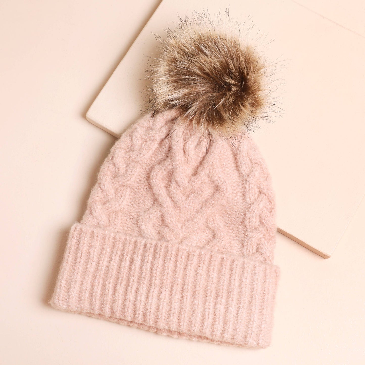 Pink Cable Knit Bobble Hat | Faux Fur Pom Pom Beanie