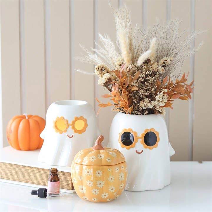 Groovy Floral Pumpkin Ceramic Oil Burner, 14cm