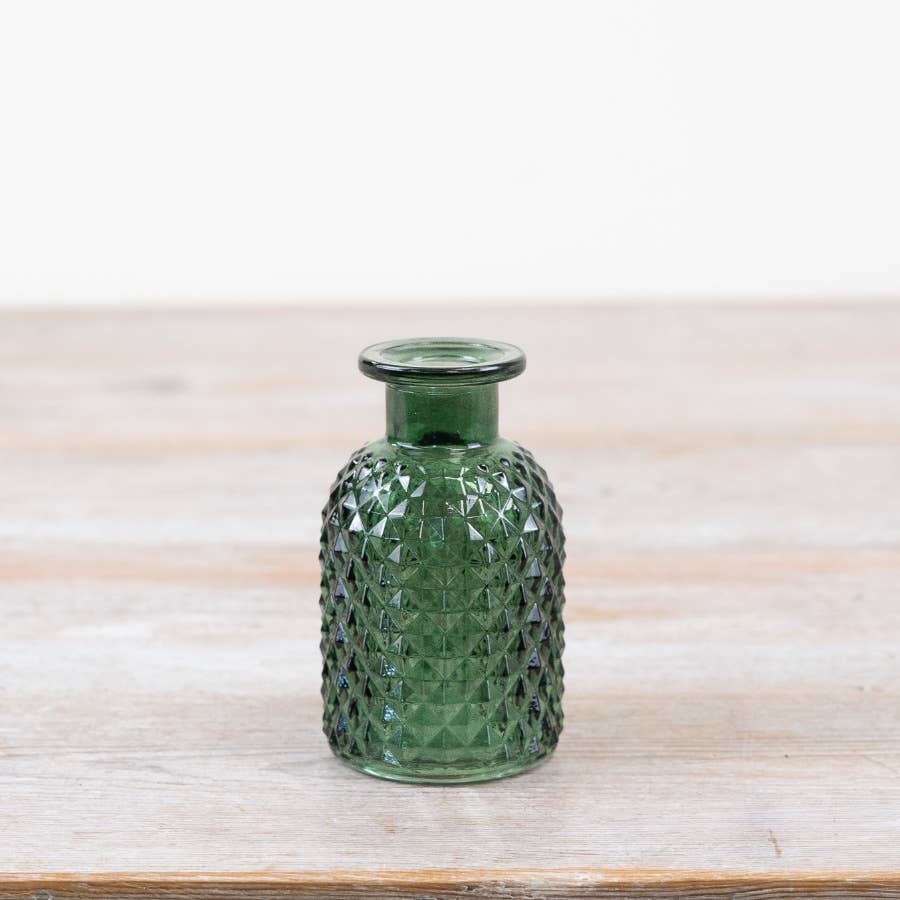 Green Glass, Patterned Flower Vase Or Diffuser Bottle, 9.2cm