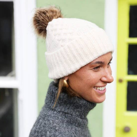 Cream Cable Knit Bobble Hat | Faux Fur Pom Pom Winter Beanie