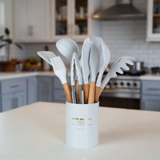 White Grey Marble Silicone Cooking Utensils Set