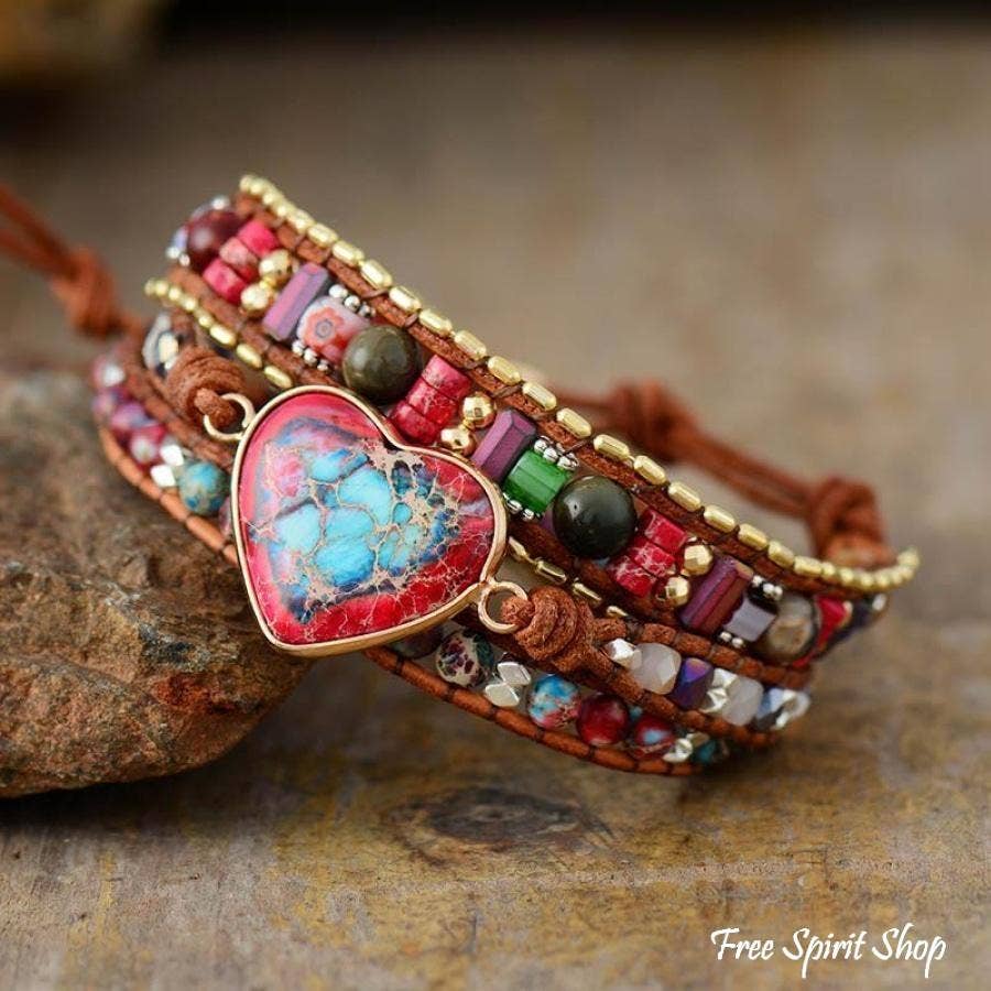 Handmade Mix Gemstone Heart Wrap Bracelet, Boho Love Strap