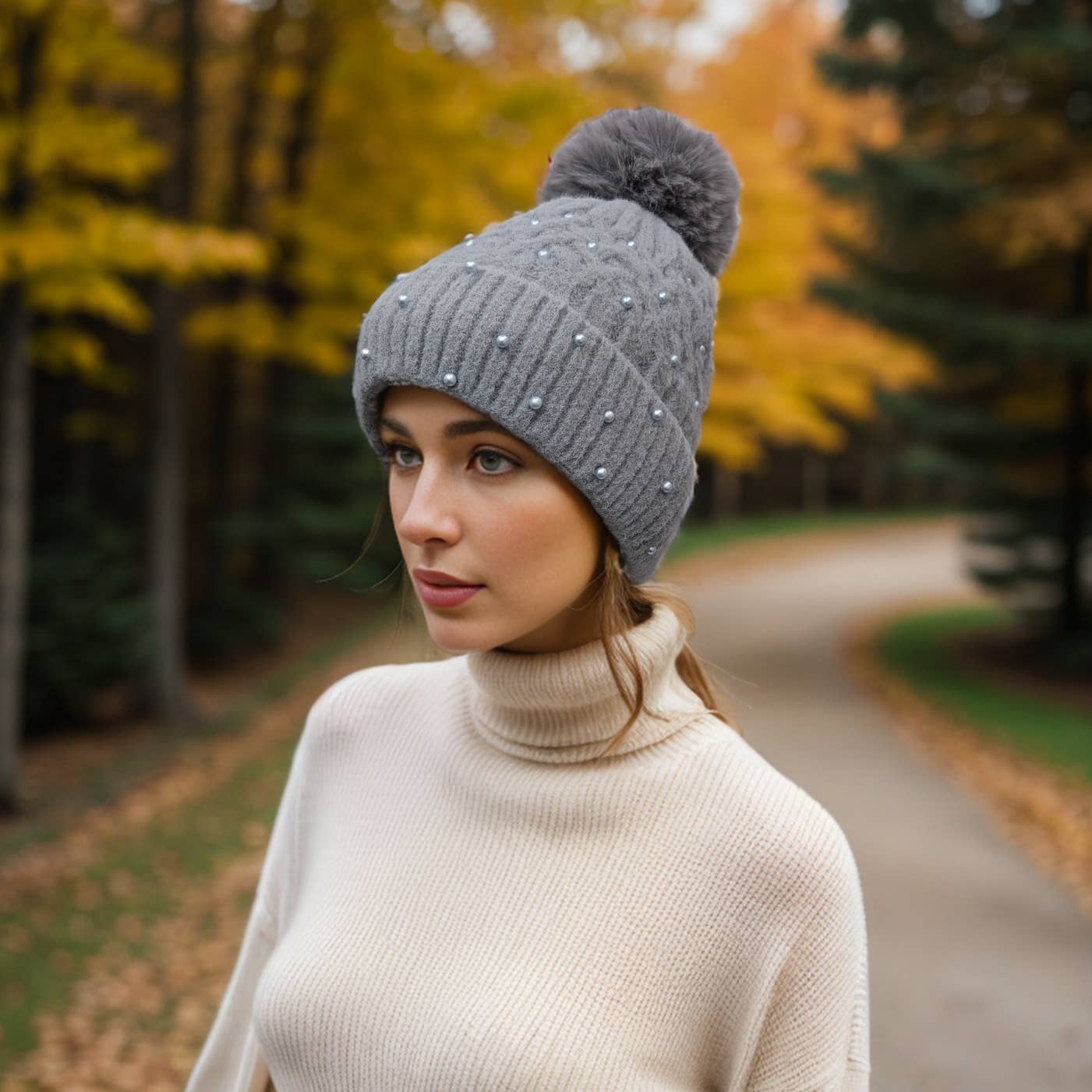 Pearl Faux Fur Pompom Hat - Silver Grey