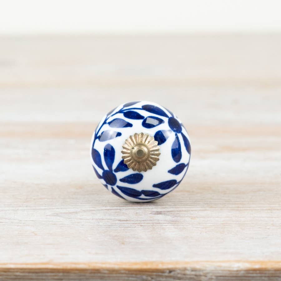 2x Blue Leaf Ceramic Knobs, 4cm x 7cm