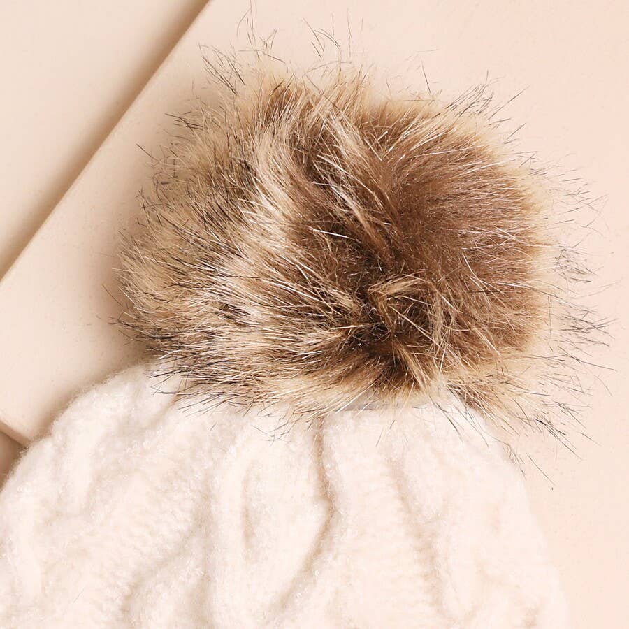 Cream Cable Knit Bobble Hat | Faux Fur Pom Pom Winter Beanie