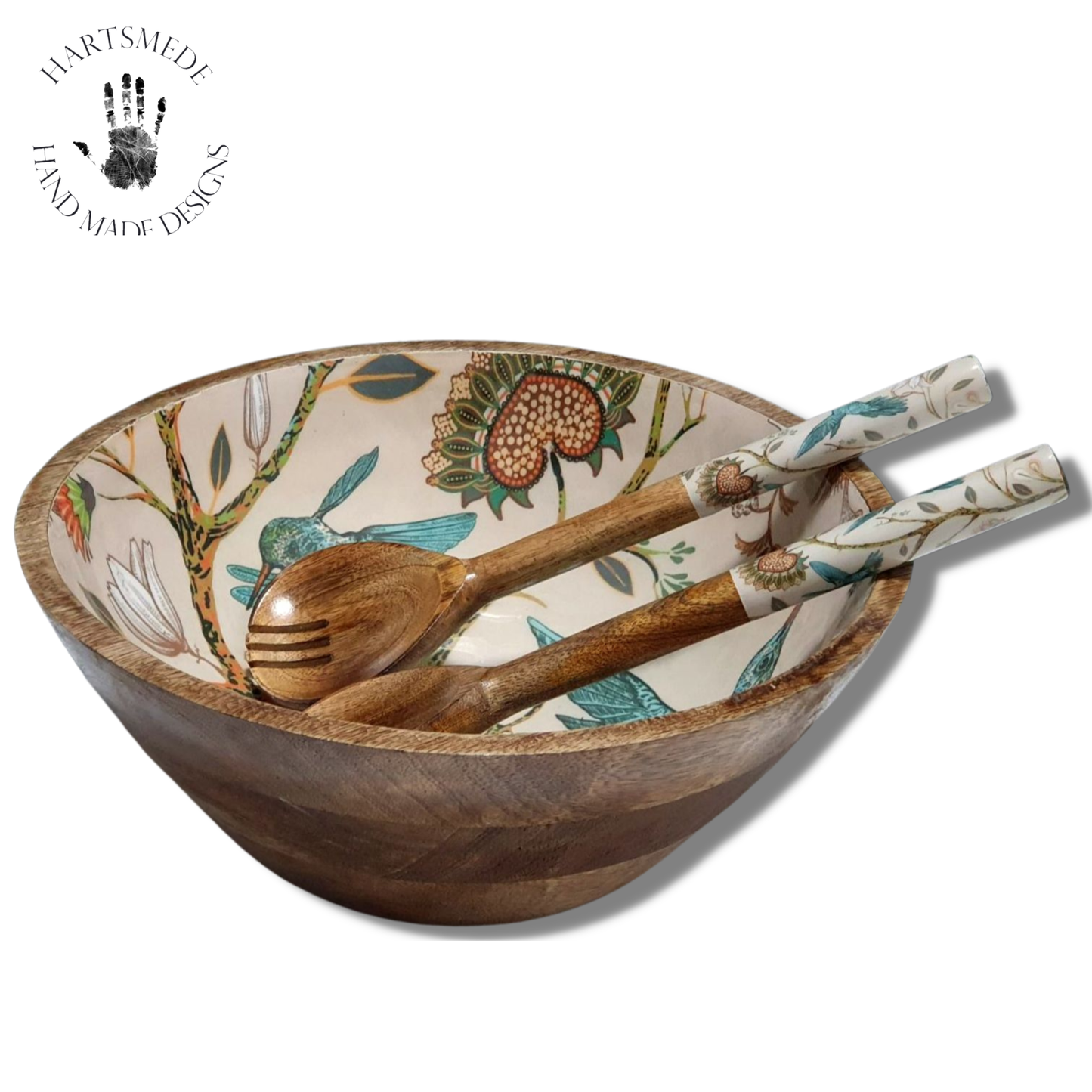Handmade Serving Bowl with Spoons Stunning Prints Salad Bowl