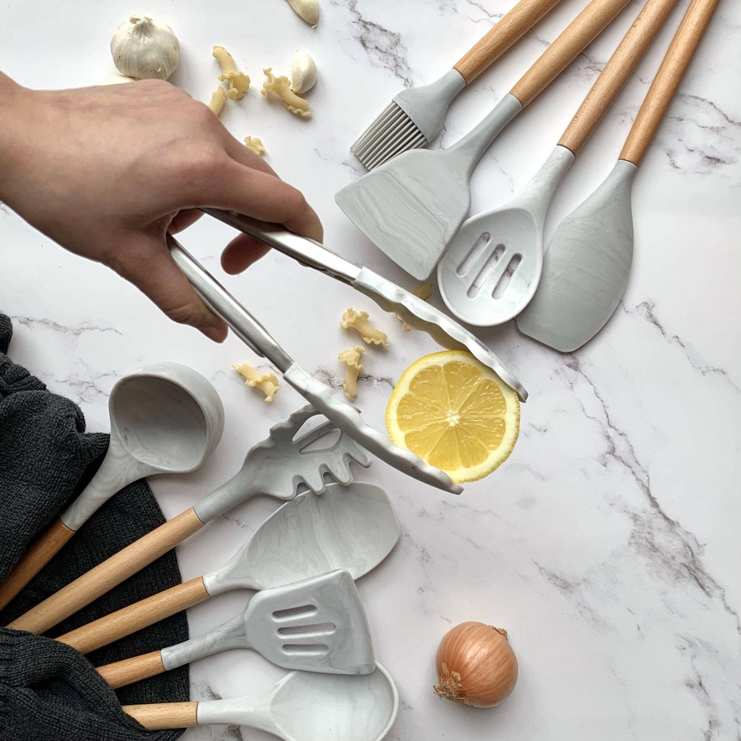 White Grey Marble Silicone Cooking Utensils Set