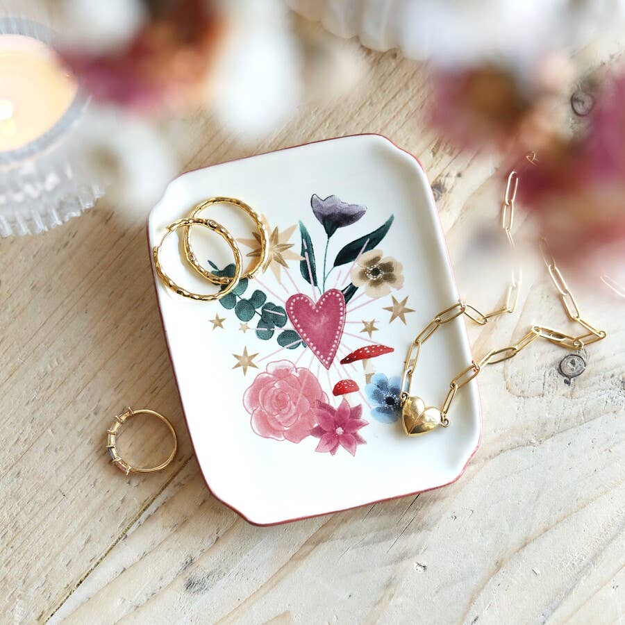 Floral Heart Trinket Dish 10cm | Toadstool & Stars Ceramic Jewellery Tray